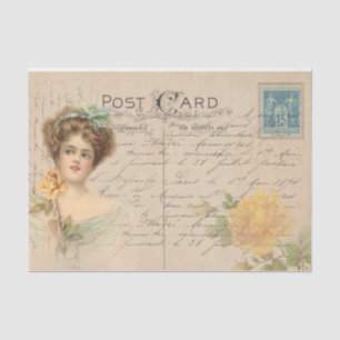 Traditionelle Postkarte/Viktorianische Dame mit Ro Seidenpapier
