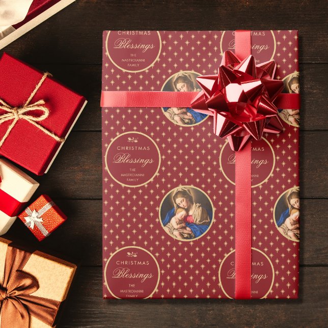 Traditionelle religiöse Madonna & Kind Weihnachten Geschenkpapier (Religious Christmas gift wrap with Madonna and Child in red and gold for Catholics)