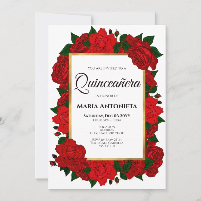 Traditionelle Rote Rosen Gold Foto Quinceñera Invi Einladung (Vorderseite)