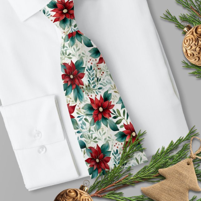 Traditionelle rote und grüne Wasserfarbe Poinsetti Krawatte (Traditional Red and Green Watercolor Poinsettia Necktie 
)