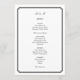 Traditionelle Schwarz-Weiß-Hochzeitsempfehlung Menükarte