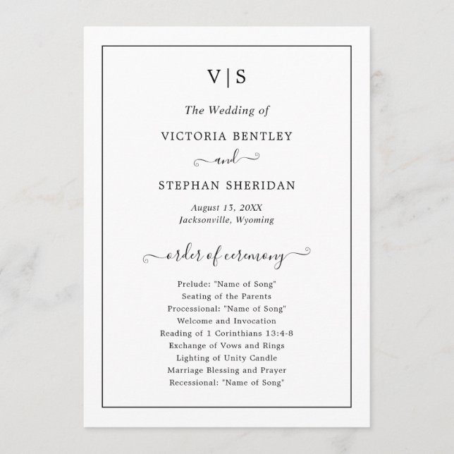 Traditionelle schwarz-weiße Monogramm-Hochzeit Programm (Vorderseite)