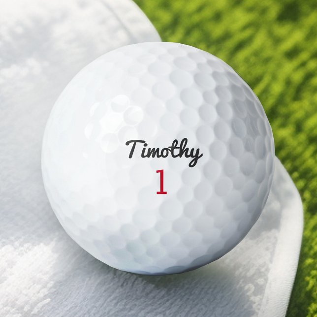 Traditionelle schwarze Skriptbezeichnung und Rote  Golfball (Personalized Golf Ball - add a name and number)