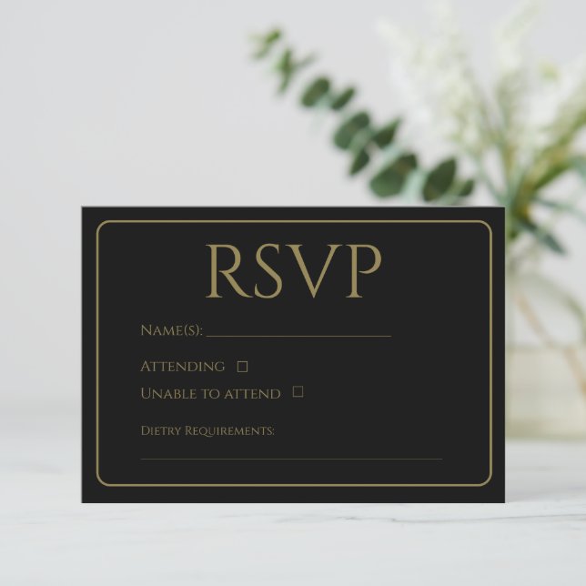 Traditionelle schwarze und goldene RSVP-Karten RSVP Karte (Stehend Vorderseite)