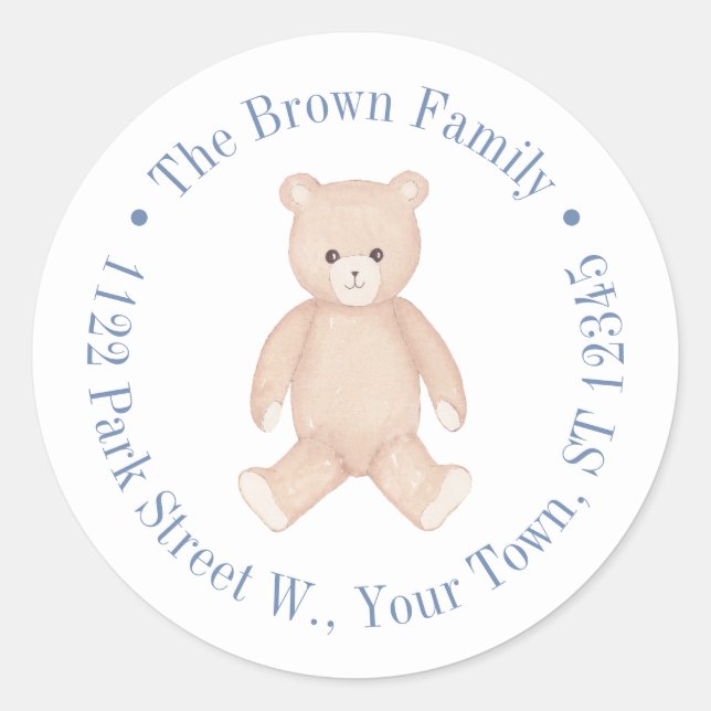 Traditionelle Teddy Bear Baby Dusche Rücksendeadre Runder Aufkleber (Vorderseite)