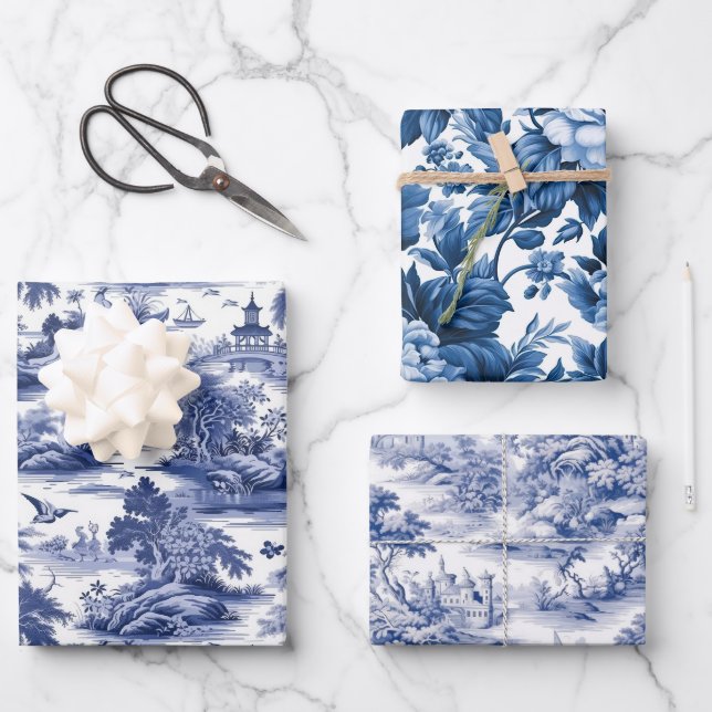 Traditionelle Toile de Jouy, Blaue Willow Muster Geschenkpapier Set (Vorderseite)