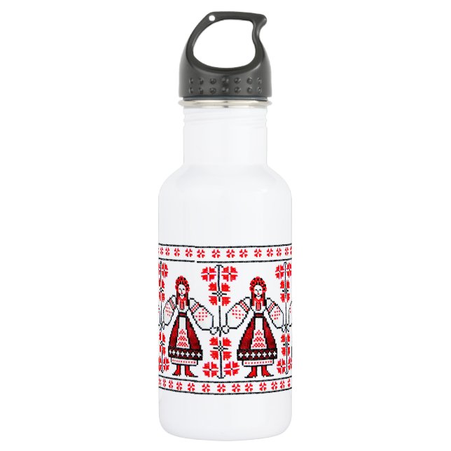 Traditionelle ukrainische Stickereimädchen Edelstahlflasche (Vorderseite)