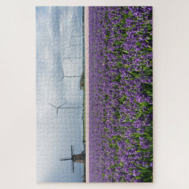 Traditionelle und moderne Windmühlen mit Blumen
