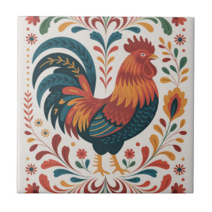 Traditionelle Volkskunst-Hahn-Illustration Fliese
