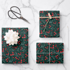 Traditionelle Wasserfarben-Weihnachtsbeeren Geschenkpapier Set