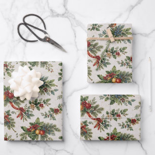Traditionelle Weihnachts-Stechpalme und Winterfrüc Geschenkpapier Set
