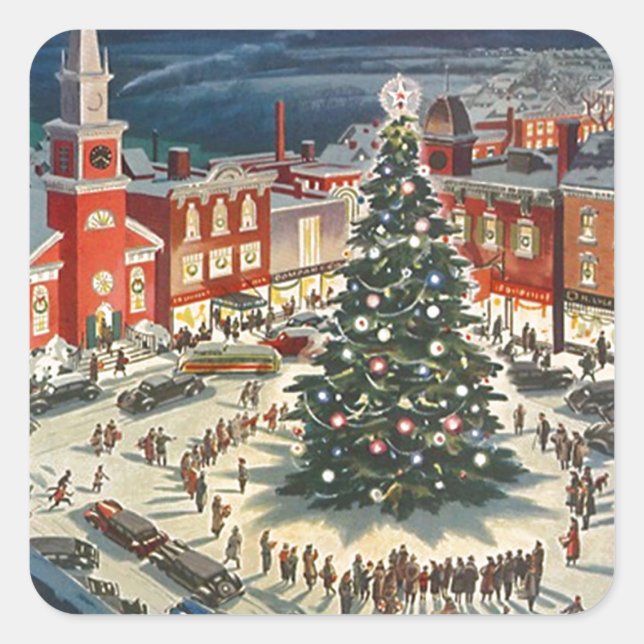 Traditionelle Weihnachtsbaumbeleuchtung Stadtbewoh Quadratischer Aufkleber (Vorderseite)