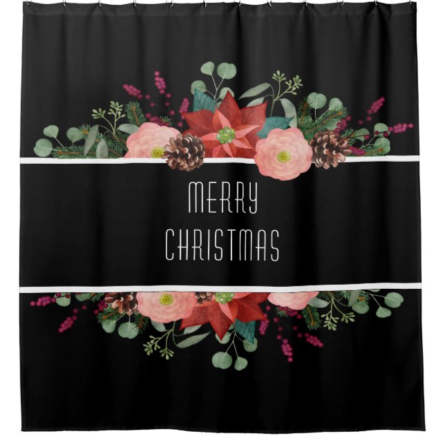 Traditionelle Weihnachtsflora auf schwarzem Hinter Duschvorhang (Vorderseite)