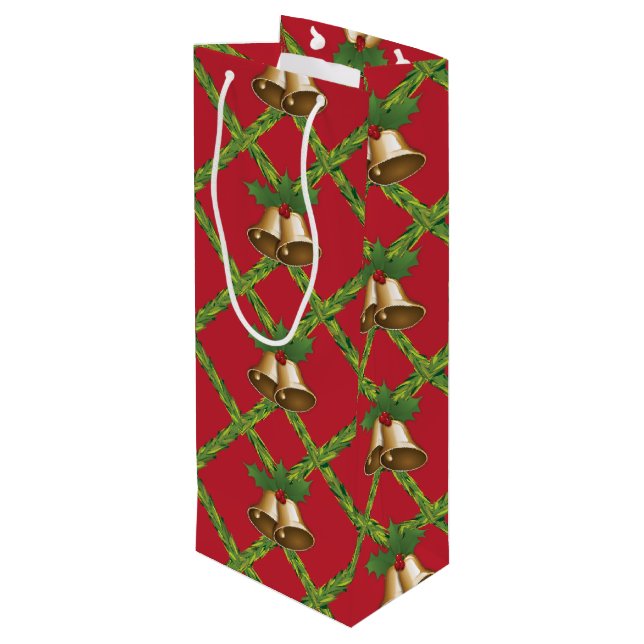 Traditionelle Weihnachtsglocken rot und grün Geschenktüte Für Weinflaschen (Rückseite Schrägansicht)