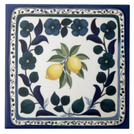Traditionelle Zitronen Dunkelblau und Weiß Floral Fliese