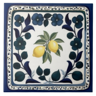 Traditionelle Zitronen Dunkelblau und Weiß Floral Fliese
