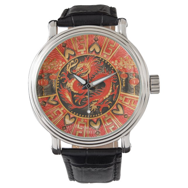 Traditioneller chinesischer Drache Red Gold Golden Armbanduhr (Vorderseite)