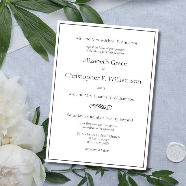 Traditioneller formaler Klassiker für beide Eltern Einladung (Traditional Classic Black White Formal wedding invitation. Both parents names)