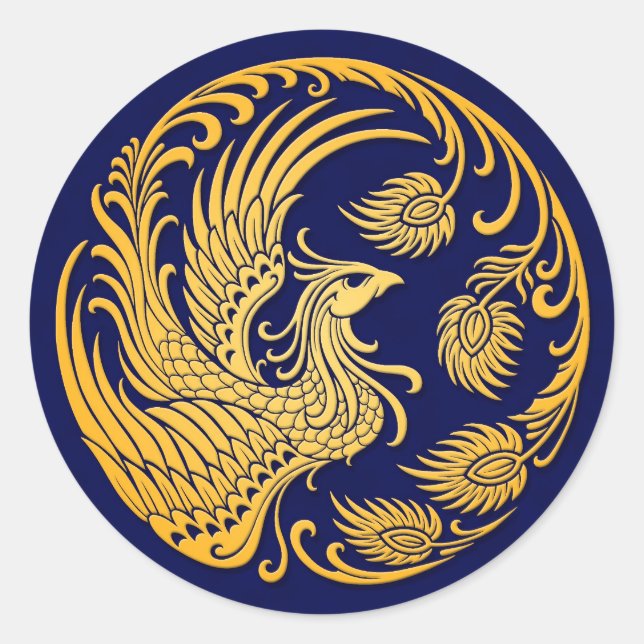 Traditioneller gelber Phönix-Zirkel auf blau Runder Aufkleber (Vorderseite)