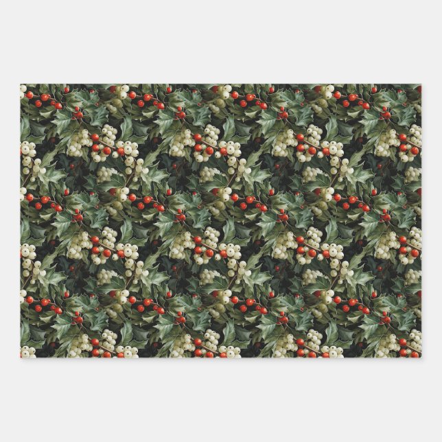 Traditioneller grüner Holly-Urlaub Geschenkpapier Set (Vorderseite)