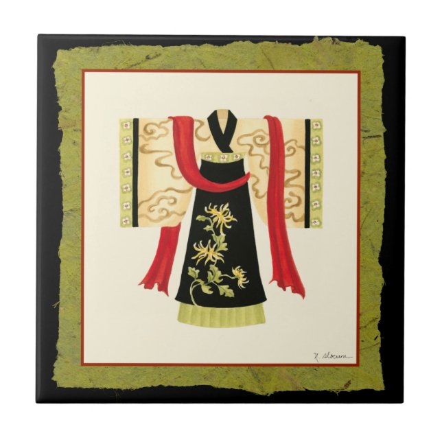 Traditioneller japanischer Kimono mit Blumendruck Fliese (Vorderseite)