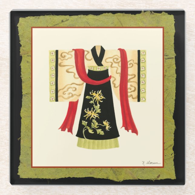 Traditioneller japanischer Kimono mit Blumendruck Glasuntersetzer (Vorderseite)