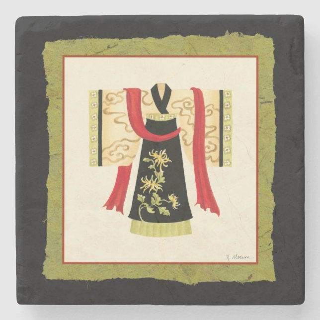 Traditioneller japanischer Kimono mit Blumendruck Steinuntersetzer (Vorderseite)
