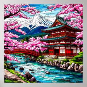Traditioneller japanischer Tempel und Brücke Poster