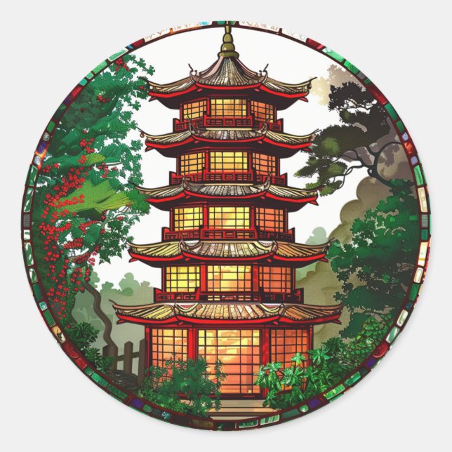 Traditioneller Pagoda-Aufkleber aus Hartglas Runder Aufkleber (Vorderseite)