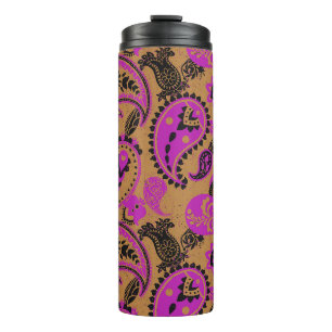 Traditioneller Paisley Linocut Vivid Pink Senf Thermosbecher
