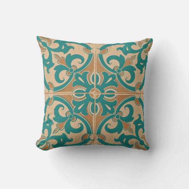 Traditioneller Portugiese Azulejo Fliese | Taupe Kissen (Vorderseite)