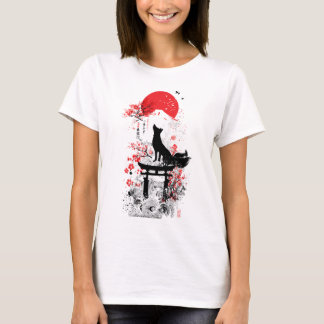 Traditioneller Roter Schwarzer Japanischer Kitsune T-Shirt