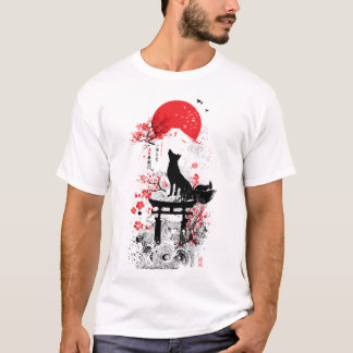 Traditioneller roter schwarzer japanischer Kitsune T-Shirt