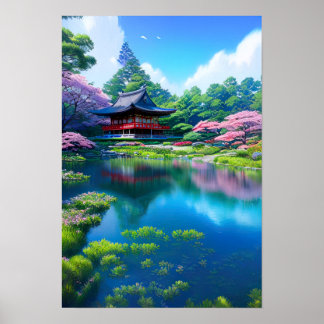 Traditioneller Tempel am See Poster
