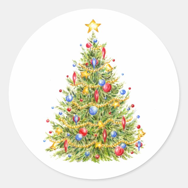 Traditioneller Weihnachtsbaum Merry Round Stickers (Vorderseite)