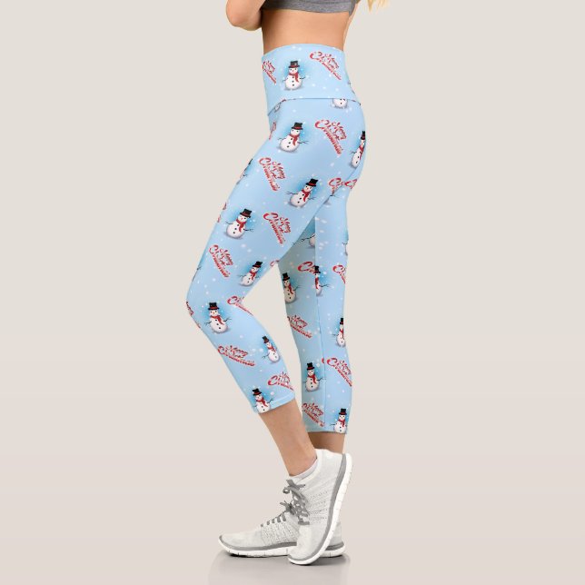 Traditioneller Weihnachtsschneemann auf LICHT BLAU Capri Leggings (Links)