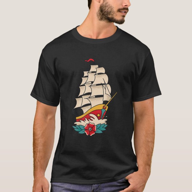 Traditionelles altes Schulschiff Tattoo Style Sege T-Shirt (Vorderseite)