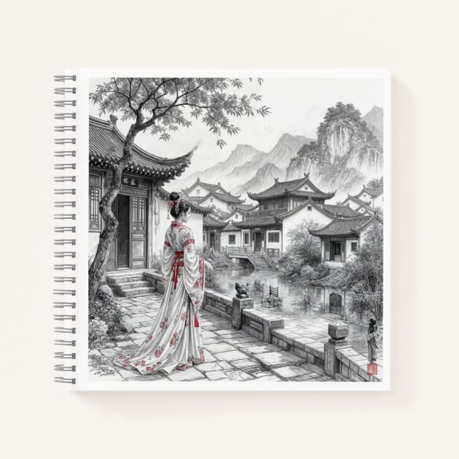 Traditionelles asiatisches Dorfbild - Elegante Kun Notizbuch (Vorderseite)