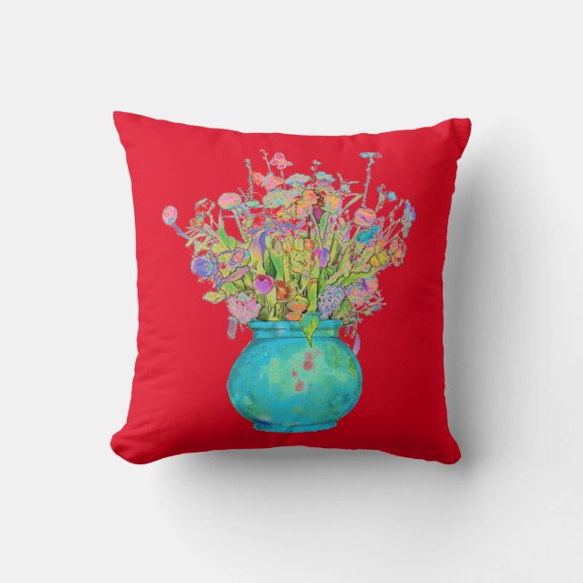 Traditionelles Bouquet Turquoise Vase auf Rot Kissen (Vorderseite)