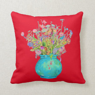 Traditionelles Bouquet Turquoise Vase auf Rot Kissen