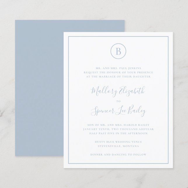 Traditionelles Dusty Blue Budget Einladung zur Hoc (Vorne/Hinten)