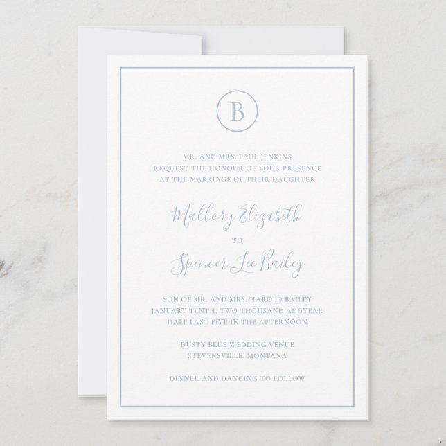 Traditionelles Dusty Blue Elegant auf einer Hochze Einladung (Vorderseite)