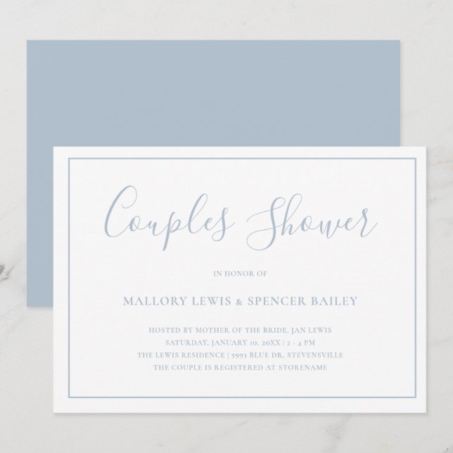 Traditionelles Dusty Blue Elegant Paare Dusche Einladung (Vorne/Hinten)
