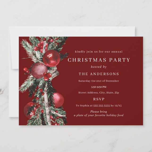 Traditionelles Foliage Red Christmas Party Einladung (Vorderseite)