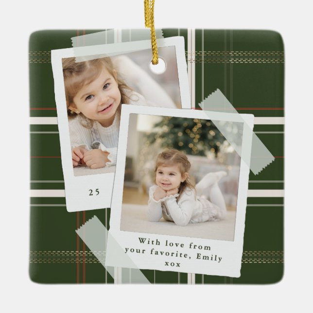 Traditionelles Grünes Kariertes 2 Foto Weihnachten Keramikornament (Vorderseite)