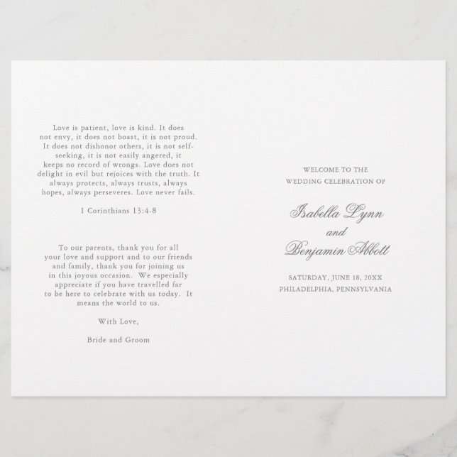 Traditionelles Hochzeitsprogramm für Graues formal (Vorderseite)