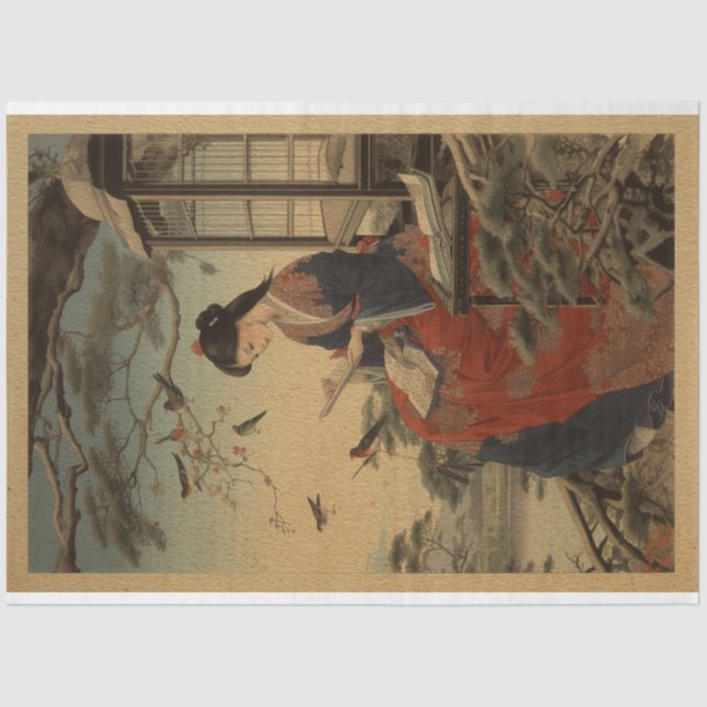 Traditionelles Holz Japan Mädchen mit Buch Seidenpapier (Vorderseite)