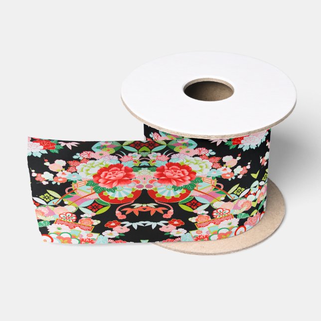 Traditionelles japanisches Kimono Floral Black Red Satinband (Spule)