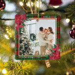 Traditionelles Kariert & Poinsettia Weihnachtsfest Keramikornament<br><div class="desc">Feiern Sie jedes Jahr Ihre Weihnachtsfeier mit einem alljährlichen Foto-Ornament. Dieses Design zeigt festliche Rot,  Grün und Gold kariert,  ein Foto Ihrer Wahl,  Poinsettia Blumenbilder mit dunkelgrünem Blattwerk,  eine Saisongrüße,  Name und Jahr.</div>