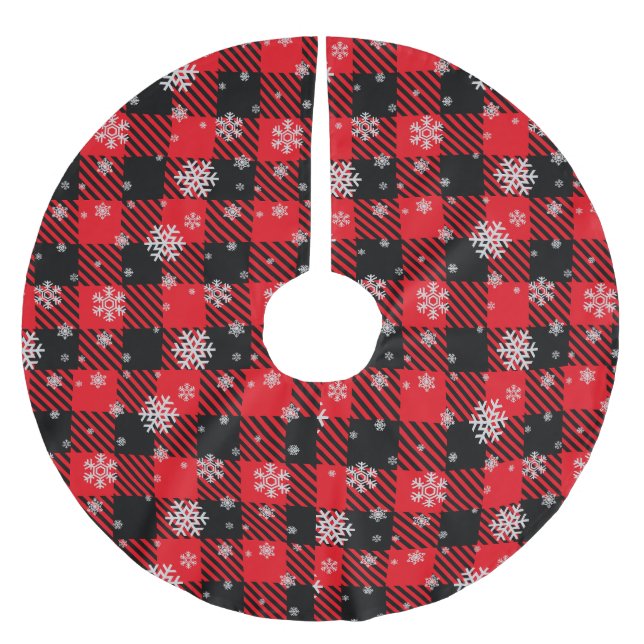 Traditionelles Kariertes Rot und Schwarz mit Schne Polyester Weihnachtsbaumdecke (Vorderseite)